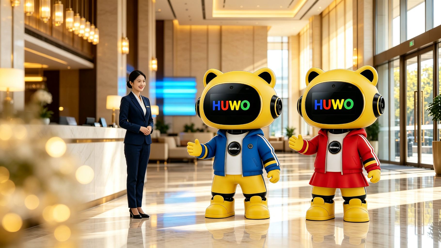 HUWO service robots in a hotel lobby